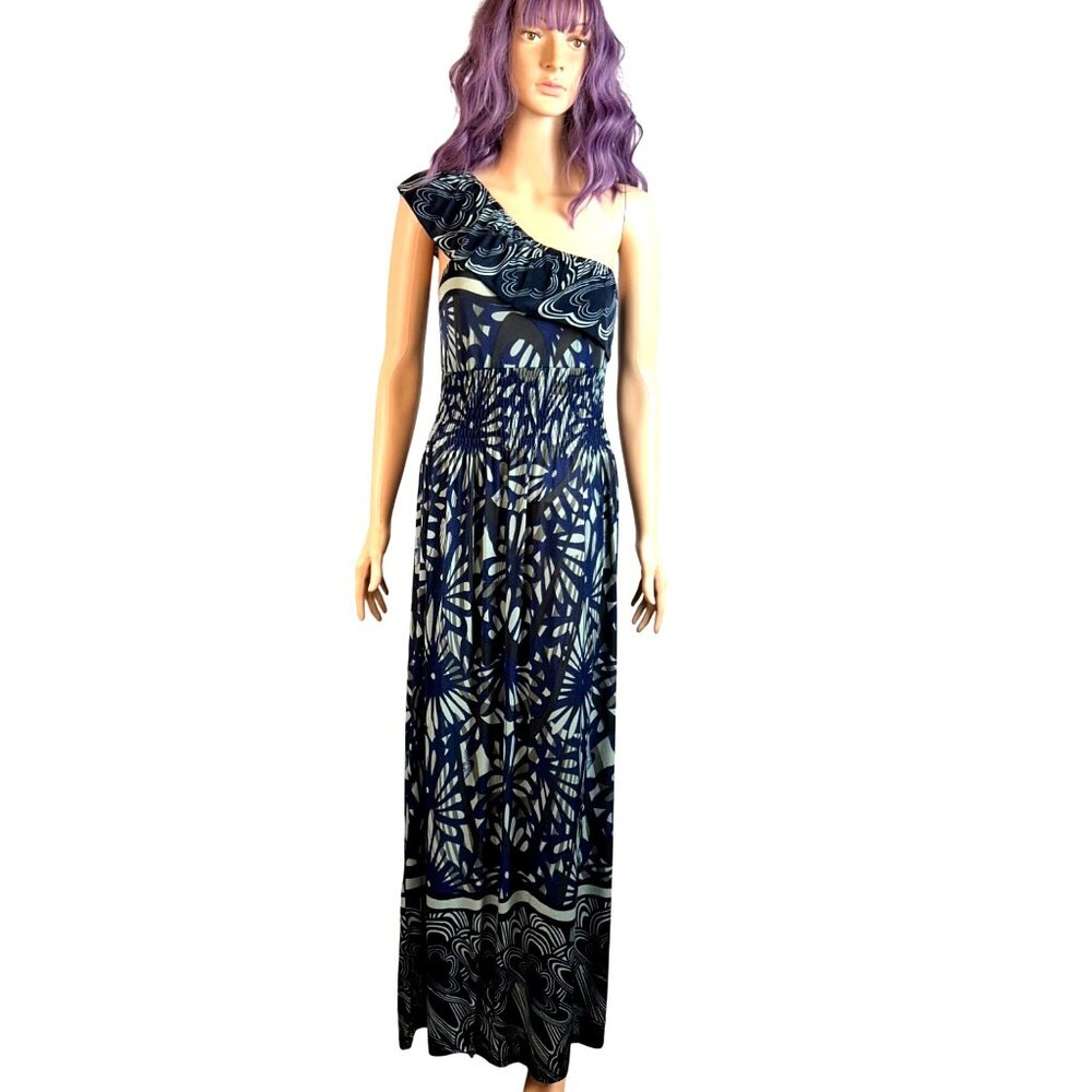 One-Shoulder Maxi Dress In Abstract Blue & White Print By Michael F